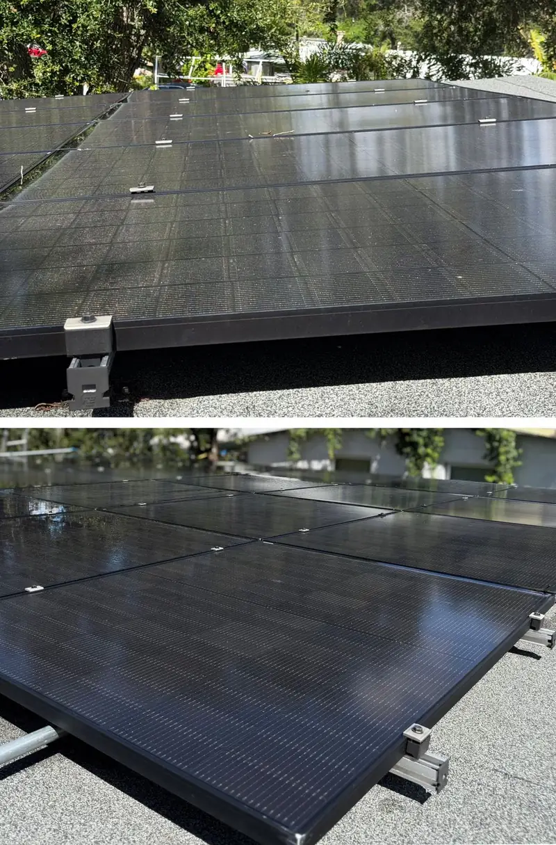 Clean solar panels on a rack-mounted low-slope roof